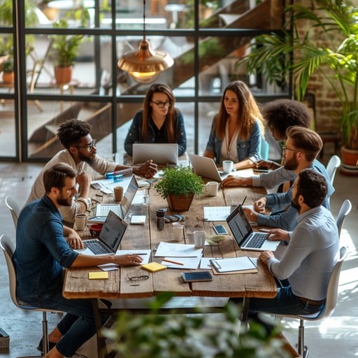 Professional team collaborating in modern office environment